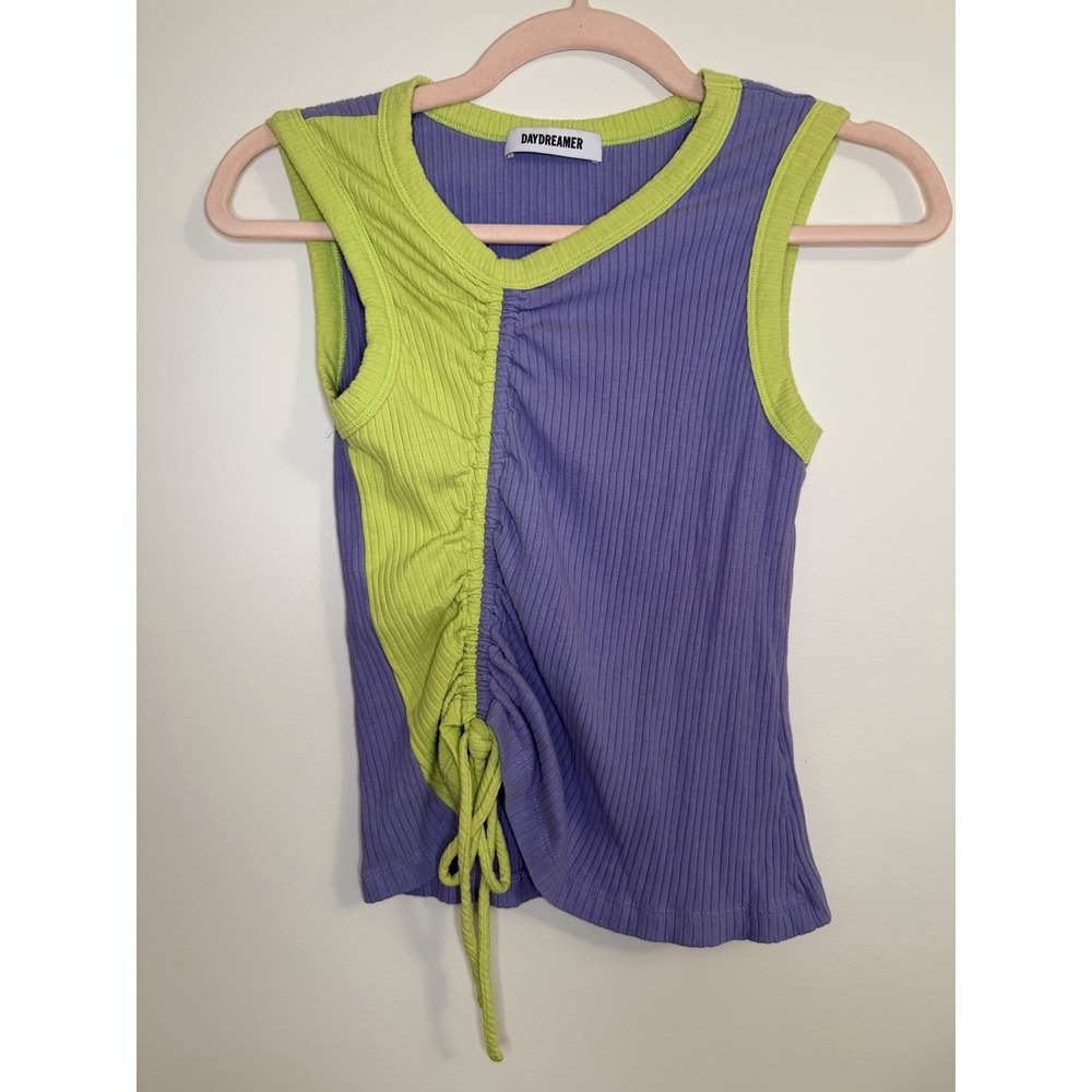 Daydreamer LA Purple & Lime Green Colorblock Ruched Ribbed Tank Top - M